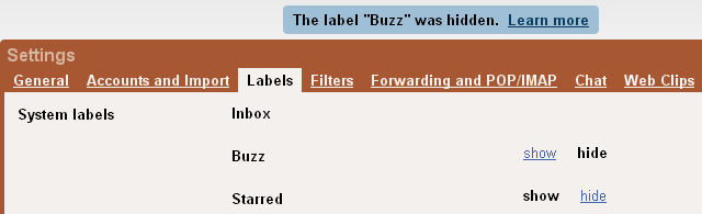 Google Buzz Hide label