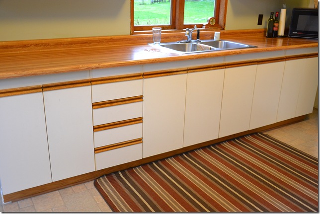 European cupboard doors with white melamine fronts and oak trim rails before