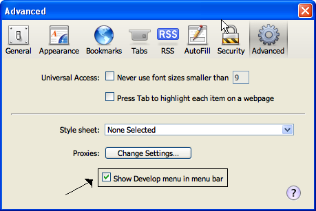 centangkan pilihan show develop menu menu preferences tab advanced safari