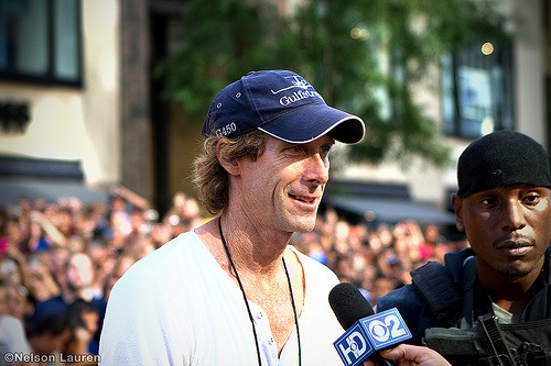 Michael Bay and Tyrese Gibson being interviewed by CBS 2 Chicago