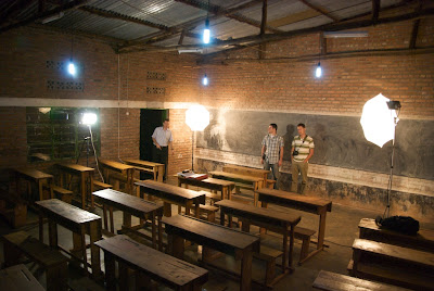 Setting up for a nighttime classroom shoot