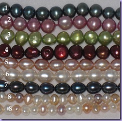 Beautiful freshwater pearls in various colours, some natural, come dyed: Aqua, Pink, Lime, Bronze (but more dark red really) Champagne, Ivory, Peacock, and min pearls in mixed natural shades of ivory, pink, peach, cjhampagne and lilac. Price per string.