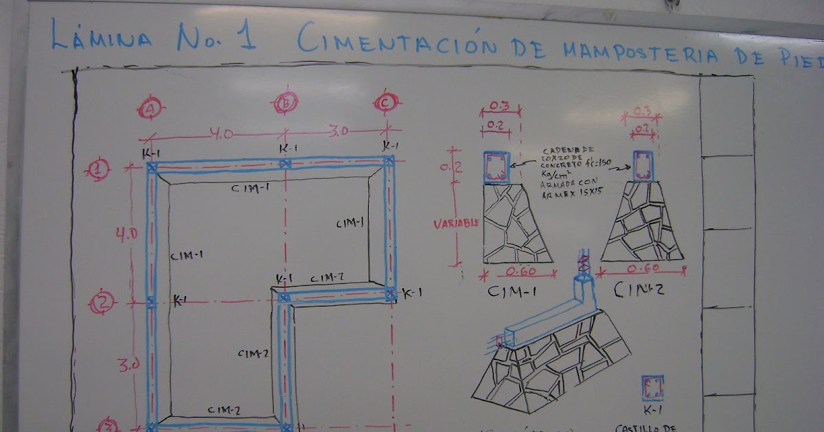Dibujo de Construcción: Cimiento de Mamposteria de Piedra