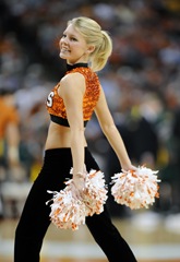 02 February 2008: A member of the University of Texas dance team performs during a break  in a game against Baylor.  The Longhorns defeated the Bears 80-72 at The Frank Erwin Center in Austin, Texas.