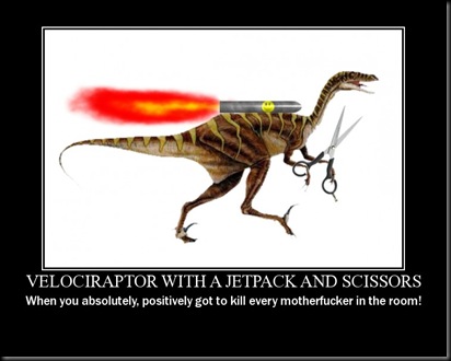 Velociraptor with a Jetpack and Scissors