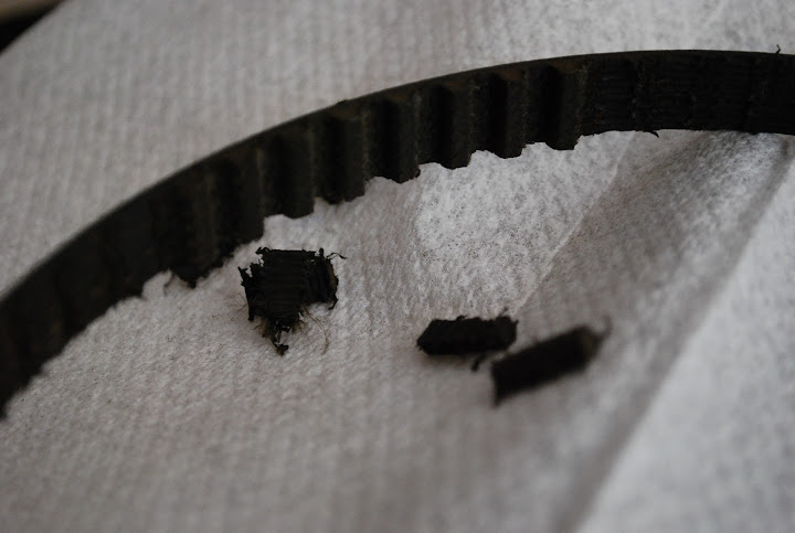 Closeup of destroyed balance shaft belt 