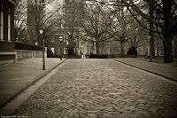Walk Through History: This street is one of the old cobble-stone streets still preserved in Philadelphia. Something about it and the two people at the far end draw my attention. One thing's for sure - I feel sorry for the horses that would have had to walk on this stuff - it was hard enough in shoes! (1/500 sec @ f/1.8; 50mm) Copyright 2009, Kerri Shotts