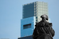 From the Past to the Future: On a bright, sunny day, General Washington looks on stolidly at the changing shape of Philadelphia. One wonders what might be going through his mind... (1/250 sec @ f/5.6; 300mm) Copyright 2009, Kerri Shotts