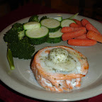 Valentine's Dinner = Salmon/Flounder/Scallop Roulade with steamed veggies = YUM.