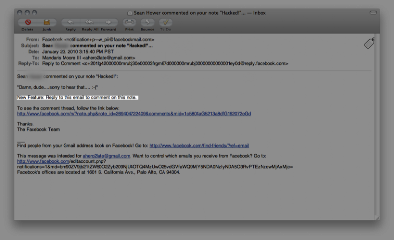 Screenshot of a mail message from facebook