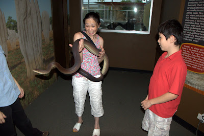 Tina holds large python while Joe looks on