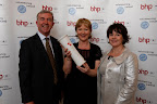 Marie Carroll, from Bayside Gymnastics Club Dublin, Irish Volunteer of the Year 2008, with Mark Phelan, Managing Director of BHP Insurances (left) and Elaine Bradley, CEO of Volunteering Ireland (right).
