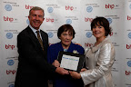 Helen Prout, Awardee in the Arts, Culture and Media category from Cork Youth Film Arts Group (centre) with Mark Phelan, Managing Director of BHP Insurances (left) and Elaine Bradley, CEO of Volunteering Ireland (right) at the Ireland InVOLved Awards 2008 held in the Shelbourne Hotel, Dublin.