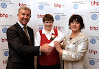Ann Lynskey, awardee in the Health & Disability category from Ability West, Galway (centre) is pictured here with Mark Phelan, Managing Director of BHP Insurances (left) and Elaine Bradley, Chief Executive Officer of Volunteering Ireland (right) at the BHP Insurances/Volunteering Ireland "InVOLved Awards 2008" held in the Shelbourne Hotel, Dublin.