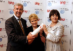 Mary Nally, awardee in the Education and Training category from Third Age Foundation, Meath,(centre) is pictured here with Mark Phelan, Managing Director of BHP Insurances (left) and Elaine Bradley, Chief Executive Officer of Volunteering Ireland (right) at the BHP Insurances/Volunteering Ireland "InVOLved Awards 2008" held in the Shelbourne Hotel, Dublin.