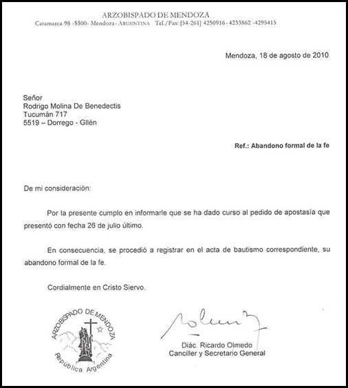 certificado de apostasía