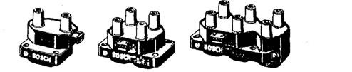 Distributorless ignition coils. A. 2-Spark coil. B. 2 x 2 Spark coil.C. 3 x 2 spark coil (Bosch).