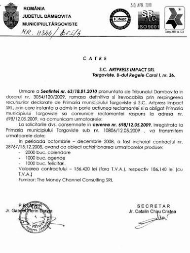 Primarul Boriga a avut nevoie de sentinta judecatoreasca nr. 63/18.01.2010 pentru a ne raspunde la adresa oficiala nr. 698/12.05.2009