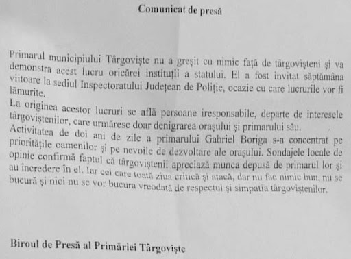 comunicat instigator primaria Targoviste comunicat instigator primaria Targoviste