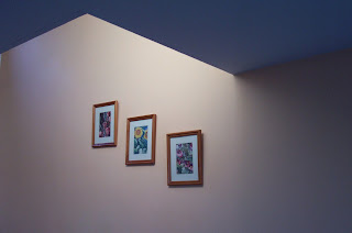 Afternoon sunlight in stairwell with three pictures