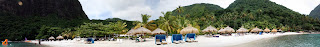 The grounds and beach of Jalousie is nestled between the two Piton mountains.