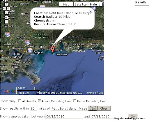 NO EPA Water Samples Above Threshold Levels Within 10 Miles Of Petit Bois Island, Mississippi Up Until 7/13/2010