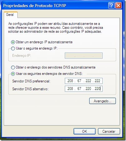 Propriedades de TCP/IP no XP