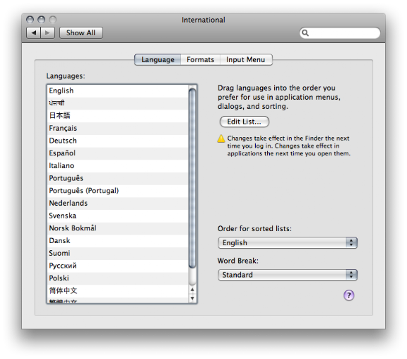 International Preference Pane