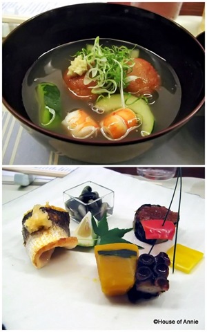 [prawns and cucumber in kudzu soup and assorted seasonal ingredients platter from maru in aoyama[3].jpg]