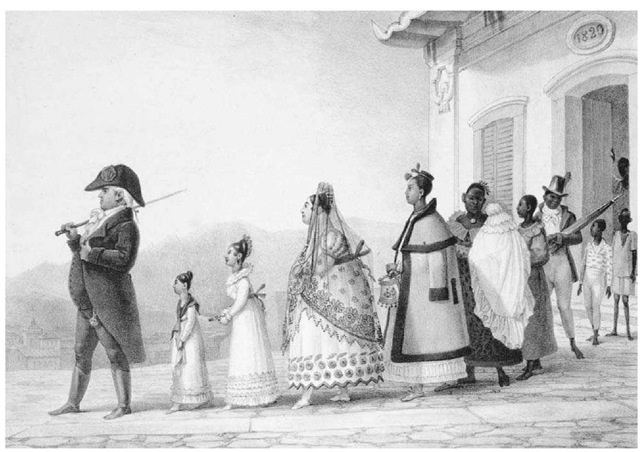 A Government Employee in Brazil Leaves Home. A government employee with his family and servants leaves home shortly before Brazil gained independence, in a lithograph printed in Voyage pittoresque et historique au Bresil (1839).