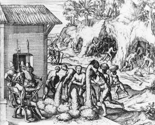 The Treatment of African Slaves in the New World. This engraving was included in Theodor de Bry's 1594—1596 edition of La historia del Mondo Nuovo (History of the New World) by Girolamo Benzoni, originally published in 1565. It depicts Spaniards overseeing slaves from Guinea as they labor in the Americas.