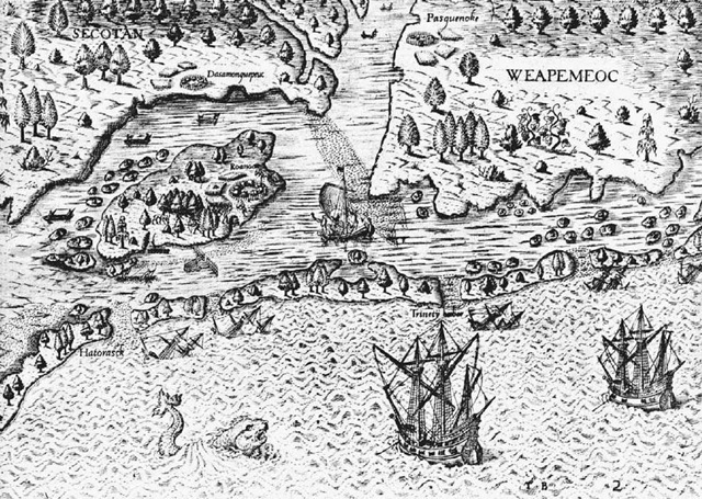 Early English Colonists Arriving at Roanoke Island, Virginia. In 1584 Sir Walter Raleighs expedition to North America explored Roanoke Island, off present-day North Carolina. Three years later, Raleigh sent a group of men, women, and children to settle Roanoke. By the time supply ships returned to Roanoke in 1590, all the settlers had vanished.
