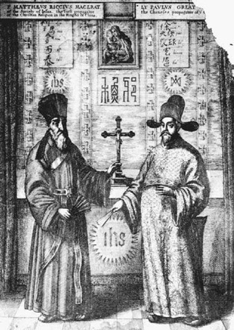 Matteo Ricci and Convert. The Catholic presence in China was established in the late sixteenth century primarily through the work of the Italian Jesuit Matteo Ricci. Ricci (left) is shown with a convert and colleague in this mid-seventeenth-century illustration from a Chinese manuscript.