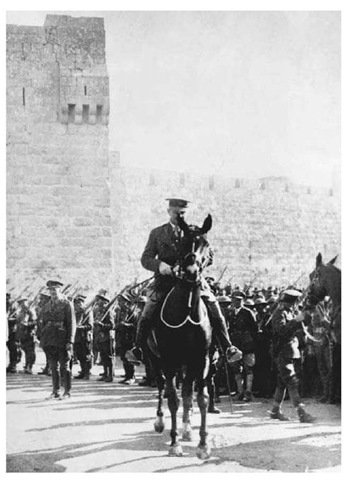 General AUen by Enters Jerusalem. General Edmund Allenby, commander of British forces in Palestine, rides through the Jaffa Gate in January 1918 as part of his formal entry into the newly captured city of Jerusalem. 