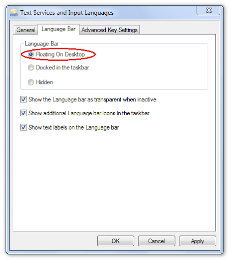 Windows 7 Language Bar Settings