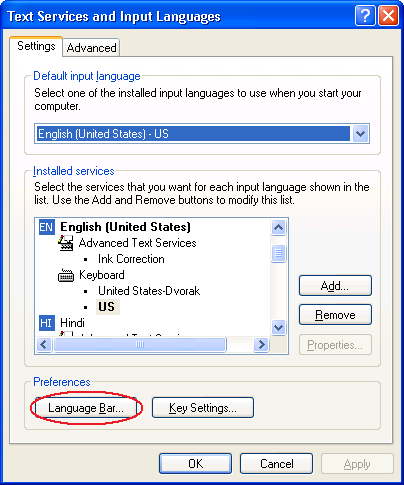 Windows XP Language Bar Preferences