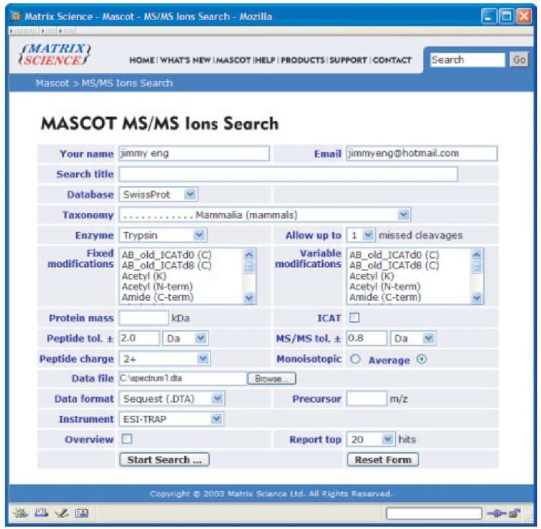  Example Mascot search parameters page. Primary parameter settings are the selection of the sequence database to query, modifications (if any), and acquisition instrument selection 