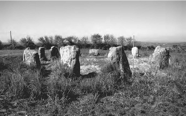 The axial stone circle at Reenascreena South, Co. Cork, Ireland, viewed along its axis in the direction from the portals towards the recumbent stone. 
