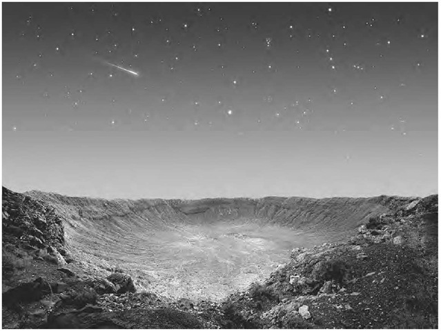 The Barringer Meteor Crater near Winslow, Arizona. By chance, the camera has caught a meteor in the sky above the crater. 
