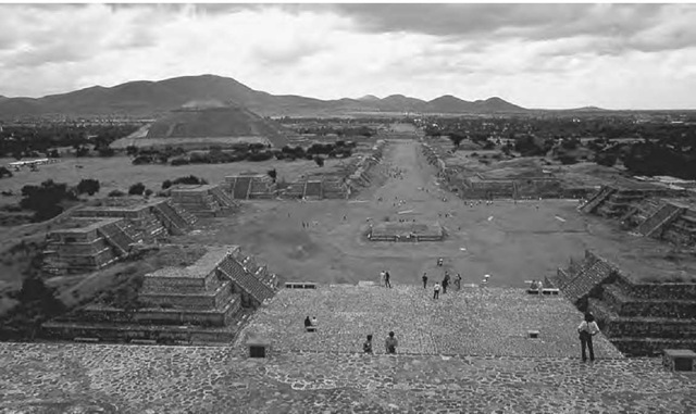 The Street of the Dead at Teotihuacan, Mexico, viewed from the Temple of the Moon at its northern end.