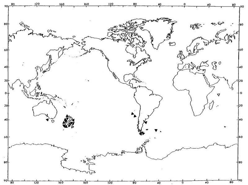 Geographic records of T. shepherdi. Closed triangles represent strandings, and open triangles represent published sightings that are attributed to T. shepherdi.