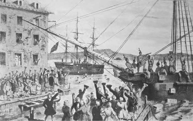 American colonists cheer as demonstrators dressed as Indians throw tea from British ships. 