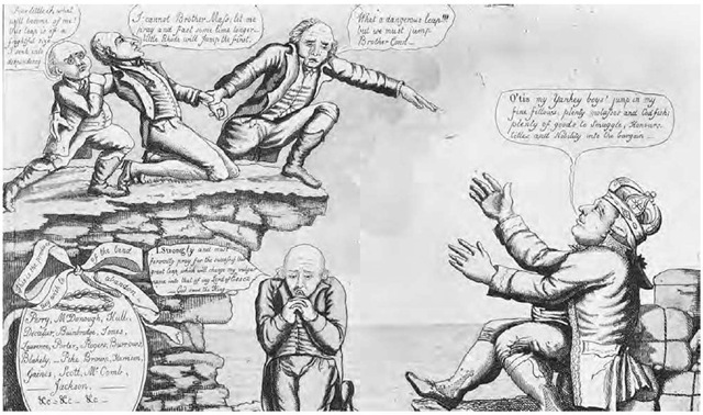Charles's satire attacks the Hartford Convention, a series of secret meetings of New England Federalists held in December 1814. The artist caricatures radical secessionist leader Timothy Pickering and lampoons the inclinations toward secession by convention members Rhode Island, Massachusetts, and Connecticut, alleging encouragement from English King George III. In the center, on a shore kneels Timothy Pickering, with hands clasped praying, "I Strongly and most fervently pray for the success of this great leap which will change my vulgar name into that of my Lord of Essex. God save the King." On a precipice above him, a man, representing Massachusetts, pulls two others (Rhode Island and Connecticut) toward the edge. Rhode Island: "Poor little I, what will become of me? this leap is of a frightful size—I sink into despondency." Connecticut: "I cannot Brother Mass; let me pray and fast some time longer—little Rhode will jump the first." Massachusetts: "What a dangerous leap!!! but we must jump Brother Co.