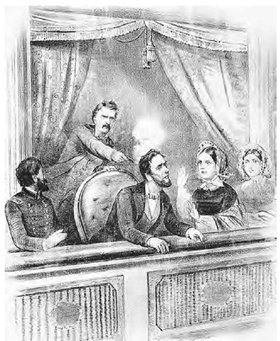 John Wilkes Booth shoots President Abraham Lincoln in the head at Ford's Theatre on 14 April 1865. The beloved president died of his wound the next day. 