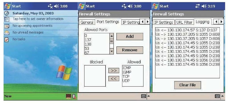  Screen captures of Personal Firewall for Pocket PC 2003 devices 