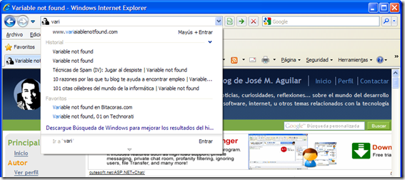 IE8 sugiriendo sitios que contienen el texto "vari"