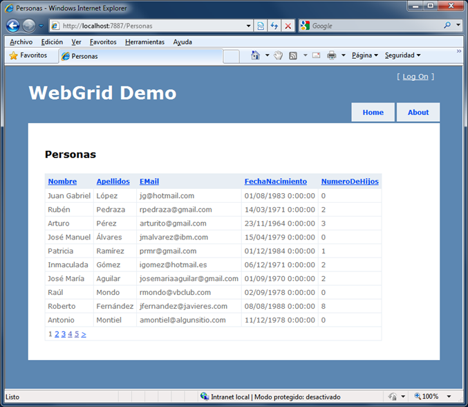 Web grid en ejecución, con mis columnas