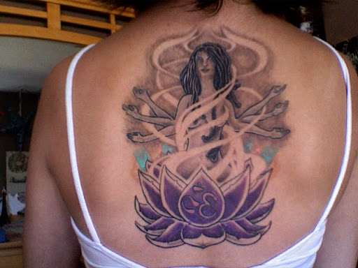 Lotus and Women Tattoos on Upper Back Women