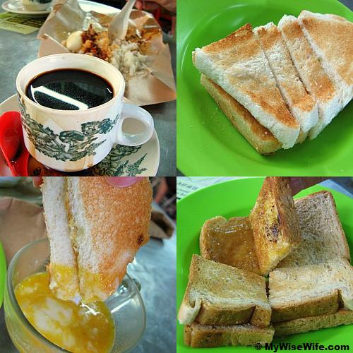 From top left (clockwise): Black coffee and Nasi Lemak, Toasted plain bread, Toasted wheat bread with butter/kaya, Toasted bread dipping into half boiled egg From top left (clockwise): Black coffee and Nasi Lemak, Toasted plain bread, Toasted wheat bread with butter/kaya, Toasted bread dipping into half boiled egg