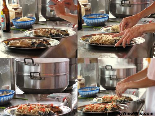 From top left (clockwise) - Add sauce, Garnish with ginger, Add chilli, Ready to go back to steaming cooker From top left (clockwise) - Add sauce, Garnish with ginger, Add chilli, Ready to go back to steaming cooker